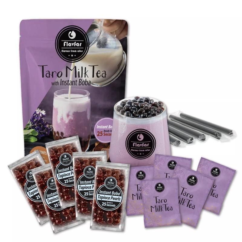 Flavfar Instant Boba Taro Milk Tea Kit with Boba Straw