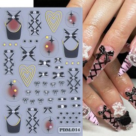 3 Sheets Cute Bow Nail Stickers Self-Adhesive French Tip Nail Art Stickers 5D Embossed Black White Ballet Bowknot Star Pearl Design Nail Art Supplies Lace Nail Decals for Women Girls Acrylic Nails