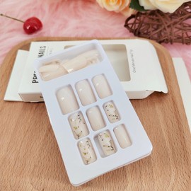 Press on Nails Square Medium Cute White Nails Acrylic False Nails with Flower White Full Cover Design Artificial Fake Nails Summer Reusable Gel Stick on Nails for Women and Girls