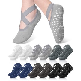 Chuarry 12 Pairs Yoga Socks Non Slip Socks with Grips for Women Pilates Socks with Strap for Barre, Ballet, Dance, Workout (Classic)