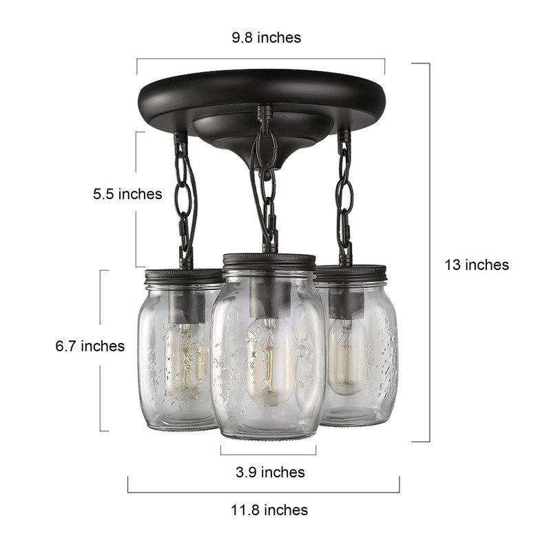 LALUZ Mason Jar Flush Mount Ceiling Light, 3-Light Black Farmhouse