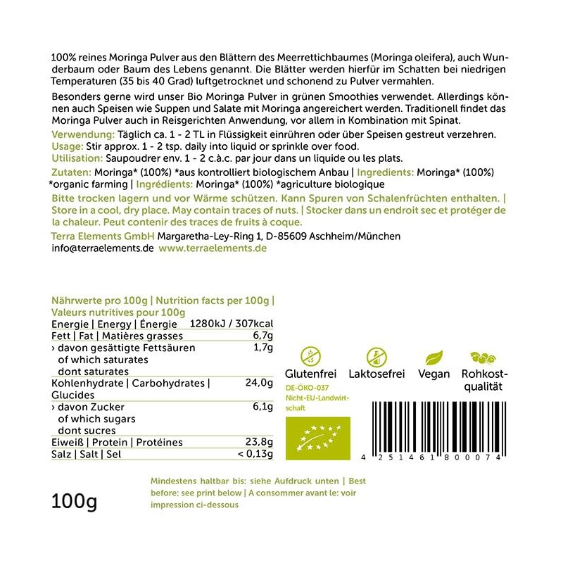 Terra Elements Organic Moringa Powder, 100 g, Moringa Oleifera, Miracle