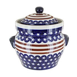 Blue Rose Polish Pottery - Blue Stars & Stripes Medium Container - 15 Cup Capacity - Hand-Painted Polish Pottery Ceramic Kitchen Storage Jar with Lid