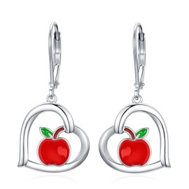 Midari Apple Earrings Sterling Silver Back to School Dangle Drop Earrings Heart Apple Jewelry Birthday Graduation First Graduation Gift for Women Student Teachers Apple Lovers