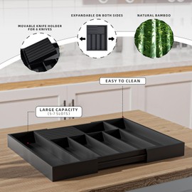 WUSHIZHUHUN Utensil Organizer Silverware Tray for Drawer - Bamboo Knife Drawer Organizer Expandable Cutlery Organizer in Drawer Knife Block W12.8-20.2" x L16 x H2 (Black)