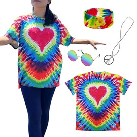 XonyiCos Hippie Costume for Men Women 60s and 70s colorful T-shirt sunglasses headband Peace necklace 4-piece theme party (Tie Dye 4 piece set, X-Large)