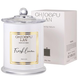 Chloefu LAN White Linen Candles, Luxury Scented Soy Jar Bathroom Candle, Highly Fragranced, Odor Eliminating Candles for Home, Air Freshing Soy Candle, White Glass Jar, Essential Oils, 75 Hours 10 oz
