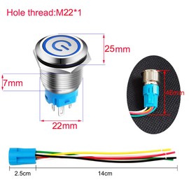 Gebildet 0.87''/22mm Blue LED Stainless Steel Latching Push Button Switch 12V-24V/5A Power Symbol LED 1NO1NC SPDT ON Off Waterproof Toggle Switch with Wire Socket Plug