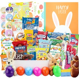 Easter Snack Yellow Box (42 Count) Filled with Snacks, Cookies, Peelable Gummies, Marshmallow Gummies, Bunny and More, Great Package for Family, Friends, Boys and Girls