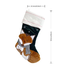 Ricki and Richi Christmas Stockings, 20" Quilted Lining Large Embroidery Hanging Décor for Fireplace/Xmas Tree, Holiday Party Decoration (Velvet Fox - Green)