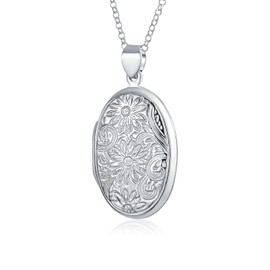 Vintage Style Embossed Sunflower Photo Oval Lockets For Women That Hold Pictures .925 Sterling Silver Locket Necklace