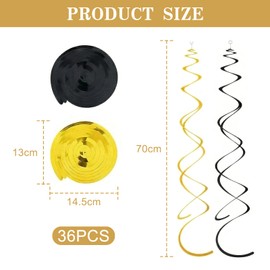 36Pcs Hanging Swirl Party Decoration, Glitter Gold Black Streamers Hanging Decoration with Plastic Hooks, Streamers Decorations for Birthday Party Family Celebration Wedding Christmas (Black and Gold)