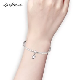 LaMenars Charms Pink Paw Dangle 925 Sterling Silver Dog Bone Pendant Bead with Zirconia Fits Europe Charm Bracelet Necklace, Gifts for Women Girls, Silver, Cubic zirconia