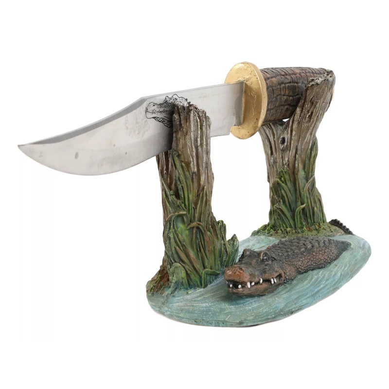 Swamp Bayou Crocodile Alligator Display With Decorative Dagger Knife Statue