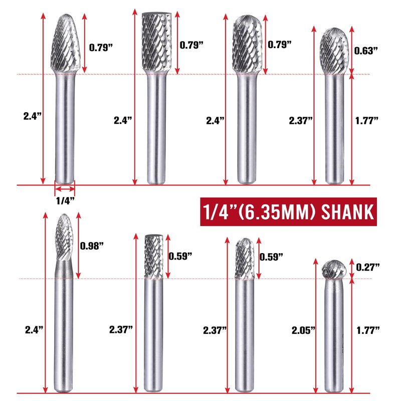 TiERGS Carbide Burr Set 1/4" Shank, 8PC Double‑Cut Die Grinder