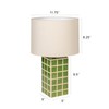 Creative Co-Op Green Grid Stoneware Table Lamp with Linen Shade