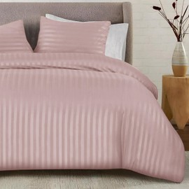 SSW HOMES King Size Duvet Cover Sets Satin Stripes Quilt Cover Bedding Sets with Pillowcases Hypoallergenic Ultra Soft Microfiber (Blush, 220 x 230 cm)