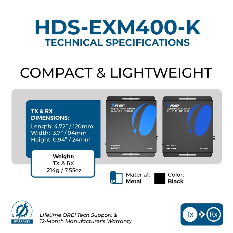 OREI 4K@30hz HDMI™ Extender (Over IP, IR) - 400ft (Cat6)