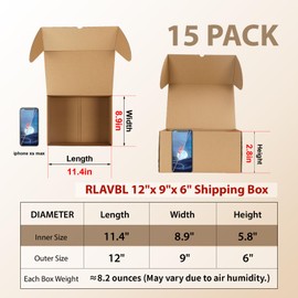 RLAVBL 12x9x6 Shipping Boxes Set of 15, Brown Corrugated Cardboard Mailer Box for Packing, Mailing, Business