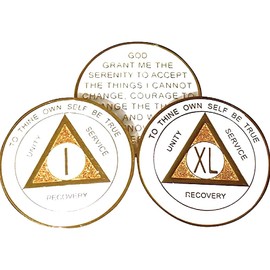 30 Year AA Medallion - Alcoholics Anonymous- White & Gold Bling, Glitter, Sobriety, Chip, Token, Coin