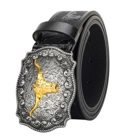 KorhLeoh Western Leather Cowboy Buckle Belt for Men Women Jeans Engraved Floral Longhorn Bull Texas Buckle Belt (33-41 Inch Waist), Bull-black