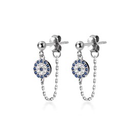 Reffeer 925 Sterling Silver Evil Eye Chain Earrings Studs for Women Teens Evil Eye Dangle Earrings Chain, 1.6 inch, Sterling Silver, Cubic Zirconia