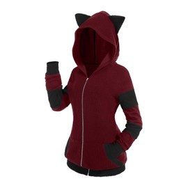 ROSE GAL Rosegal Women Plus Size Cat Ear Ribbed Colorblock Hooded Blouson Jacket Animal Ear Two Tone Cute Hoodie(Red_1/5X)