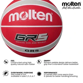 Molten GR Basketball, Indoor/Outdoor, Premium Rubber, Size 5, Impact Colour Red/White/Silver, Suitable For Boys Age 7, 8, 9, 10 & 11, Girls age 12 & 13 (BGR5-WRS)