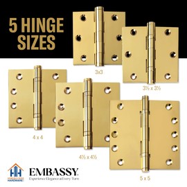 Embassy Door Hinge Solid Brass - 3 x 3 Inch, Heavy Duty, Polished Brass, Rust Resistant Stainless Steel Pin, Architectural Designer Grade, Home Improvement, 3 Pack