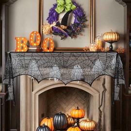 Spider Web Mantel Scarf - Spiderweb Black Lace Mantel Scarf | Fireplace Towel Centerpieces for Home Bar Gothic Wedding Scary Themed Restaurant Harvest