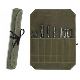 Senvitate Knife Roll, Waxed Canvas Chef's Knife Roll Bag, 7 Knife Slots for Cutlery Knives and Kitchen Utensils, Knife Storage Case Knife Carrier Perfect for the Traveling Chef (Army Green)