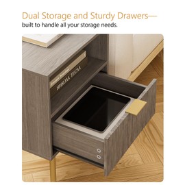 Masupu Night Stand,Mid-Century Modern Bedside Table with Storage Drawer and Open Wood Shelf,Small Gold Frame Side Table for Bedroom,Living Room, Grey