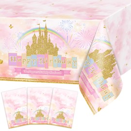 Avezano 3 Pcs Princess Castle Tablecloth Rainbow Princess Birthday Table Cloth for Girls Women Birthday Party Decorations 108 x 54 Inch