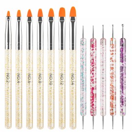 JEONEKID 12Pcs Nail Art Brush and Dotting Pen Set – 7pcs UV Gel Builder Nail Brushes (No.2-14) + 5 Double-End Dotting Tools for Acrylic, Gel Polish, DIY Manicure Design