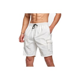 STICKON Mens Swimming Trunks Quick Dry Summer Beach Shorts Board Shorts with Pockets White L
