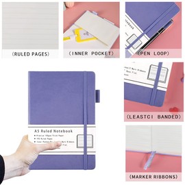 Beinushor A5 Notebook Ruled, Hard Cover Lined Journal with Premium 100GSM Thick Paper, Inner Pocket, Elastic Banded, Faux Leather Cover, 192 Pages, 14.5X21.3 cm (Purple)