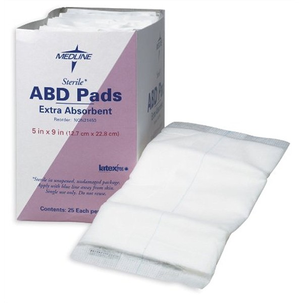 Medline Abdominal (Abd) Pads, Sterile, 5" x 9" (16 box/Case; 400 Each/Case)