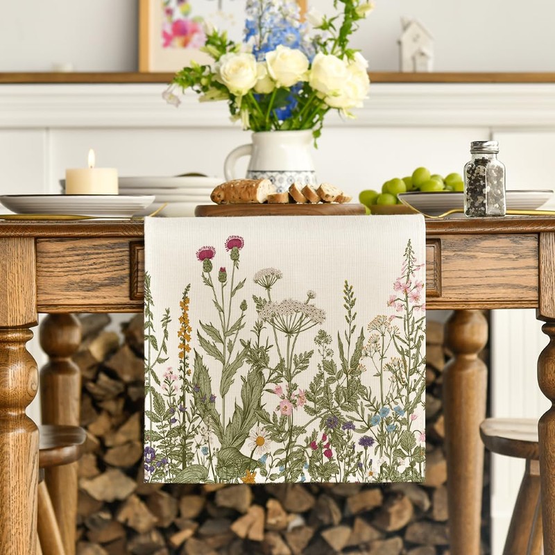Artoid Mode Antique Herbs and Wild Flowers Spring Table Runner,