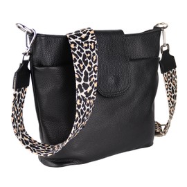MIRROSI Women's Shoulder Bag, Genuine Leather, Made in Italy, Boho Style, 30 x 24.50 x 9 cm (W x HXT), Lots of Storage Space, Handbag, Chest Bag, Crossbody Bag (1 Bag & 2 Straps) (Black (Leopard))
