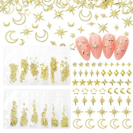 BelleVive 12 grids Star Nail Charms and Moon Nail Charms, Star Moon Cross Shiny Gold Nail Studs, Star Moon Snowflake Metal Nail Art Studs, Luxury Gold Nail Art Charms Decoration for Nail Art DIY