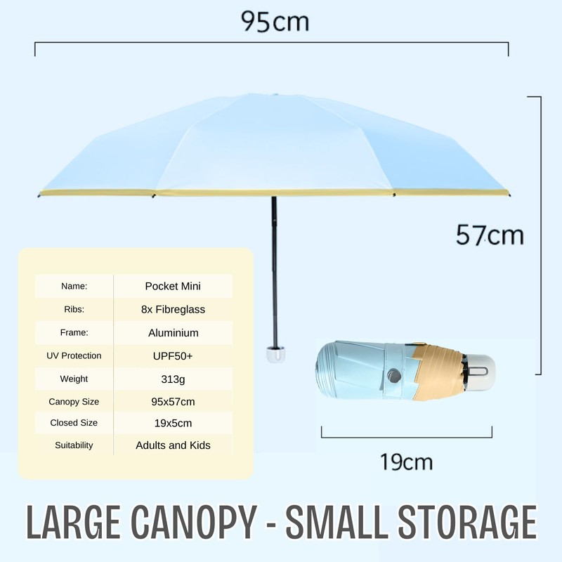Pocket Mini Compact Umbrella with 8-Rib Frame for Sun/Rain, Travel