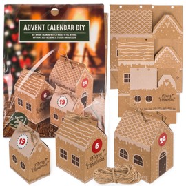 MIJOMA DIY Advent Calendar for Filling - 24 Christmas Houses in 3 Sizes, with Number Stickers & Jute Cord, Perfect Christmas Decoration