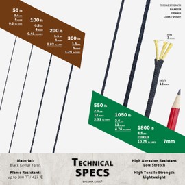 Emma Kites - Cuerda trenzada 100% Kevlar negra, 100 pies, 50 libras, alta resistencia, resistente a la llama, resistente cuerda táctica de supervivencia, modelo de cuerda de paracaídas, cuerda de