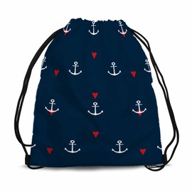 Sotunad Nautical Element Pattern Drawstring Bag 14x16.9 Inch Red Hearts and Anchors on Navy Blue Background Gym Bag Stroage Small Exercise Accessiors Water Bottle Change of Clothes Shoes