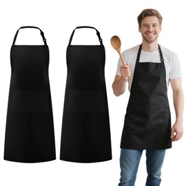 LEKOU 2PCS Delantal De Cocina Impermeable Ajustable, Mandiles De Cocina Unisex Con Bolsillos, Delantal De Poliéster Es Adecuado Para Asar, Cocinar, Hornear, Jardinería y Restaurantes (Negro)