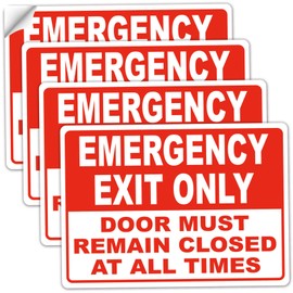 Emergency Exit Only Sticker Sign, "Emergency Exit Only - Door Must Remain Closed at All Times" Label,5 Pack Self Adhesive Vinyl Sticker Decal 10" x 7"Laminated for UV Protected, Indoor & Outdoor.