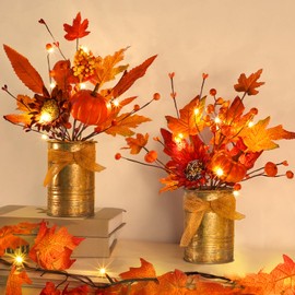 [2-Style & Light Timer] 2 Pack Fall Table Centerpiece with Lights 20LED Potted Maple Arrangement Pumpkin Sunflower in Galvanized Metal Pot Fall Decorations for Home Farmhouse Autumn Thanksgiving Decor