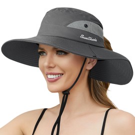 Sun Hats for Women, Wide Brim Beach Bucket Hats with Ponytail Hole, Outdoor UV Protection Foldable Fishing Hat Cooling Mesh Hiking Bucket Hat, Grey
