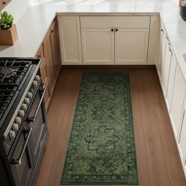 Jainmy Green Boho 2x5 Runner Rugs for Hallways Non Slip Machine Washable, Low Pile Lightweight Carpet Runner for Entryway/Kitchen/Bathroom/Corridor/Laundry Room Distressed Vintage Medallion Printed