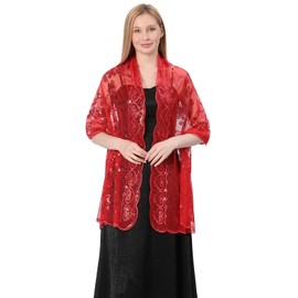 Sanmoury Women's 1920s Sequin Shawl Wraps Fringe Glittering Cape Scarf For Evening Wedding Party (Red Gold)